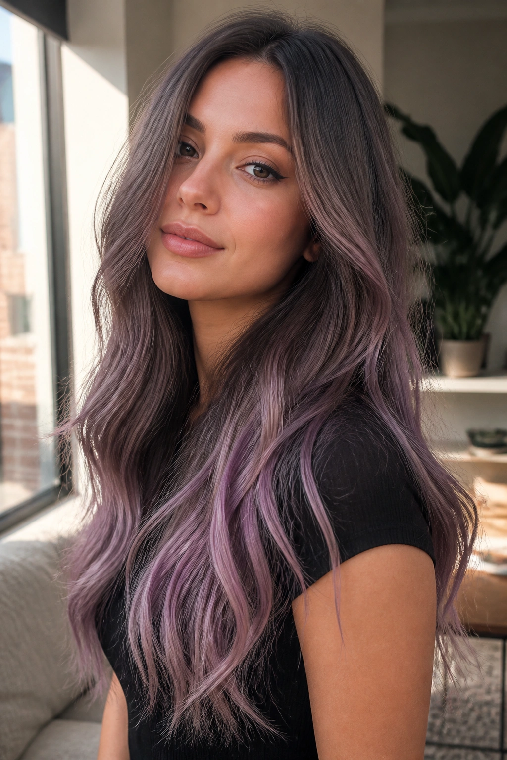 Portrait of mushroom brown to dusty lavender ombre on long hair