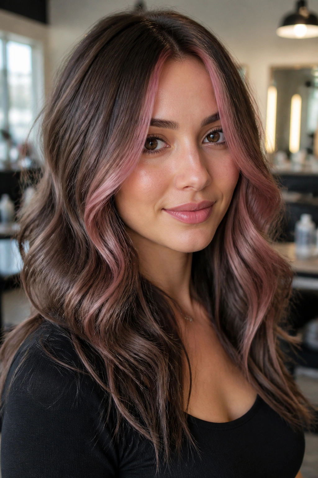 Portrait of a real woman with mushroom brown hair and dusty rose money pieces