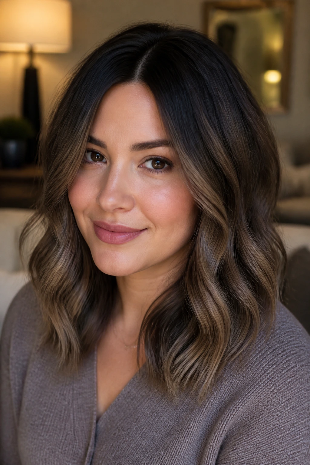 Close-up of a real woman showing mushroom brown ends with deep root shadow in ash balayage.