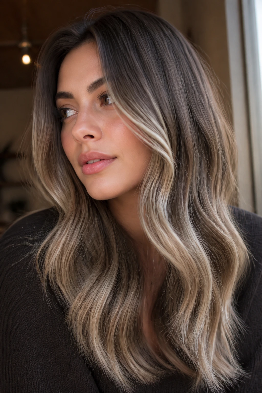 Close-up of a woman with mushroom brown balayage and frosted beige ends.