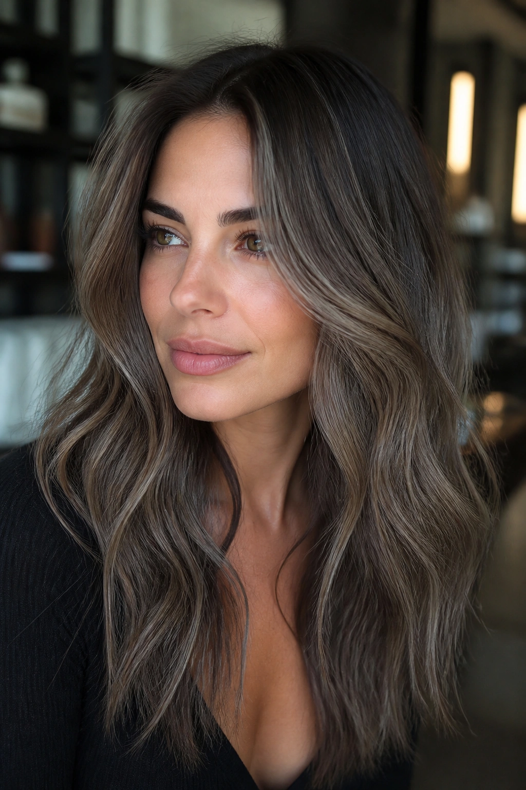 Mushroom brown hair with a soft grey glaze veil on a real woman