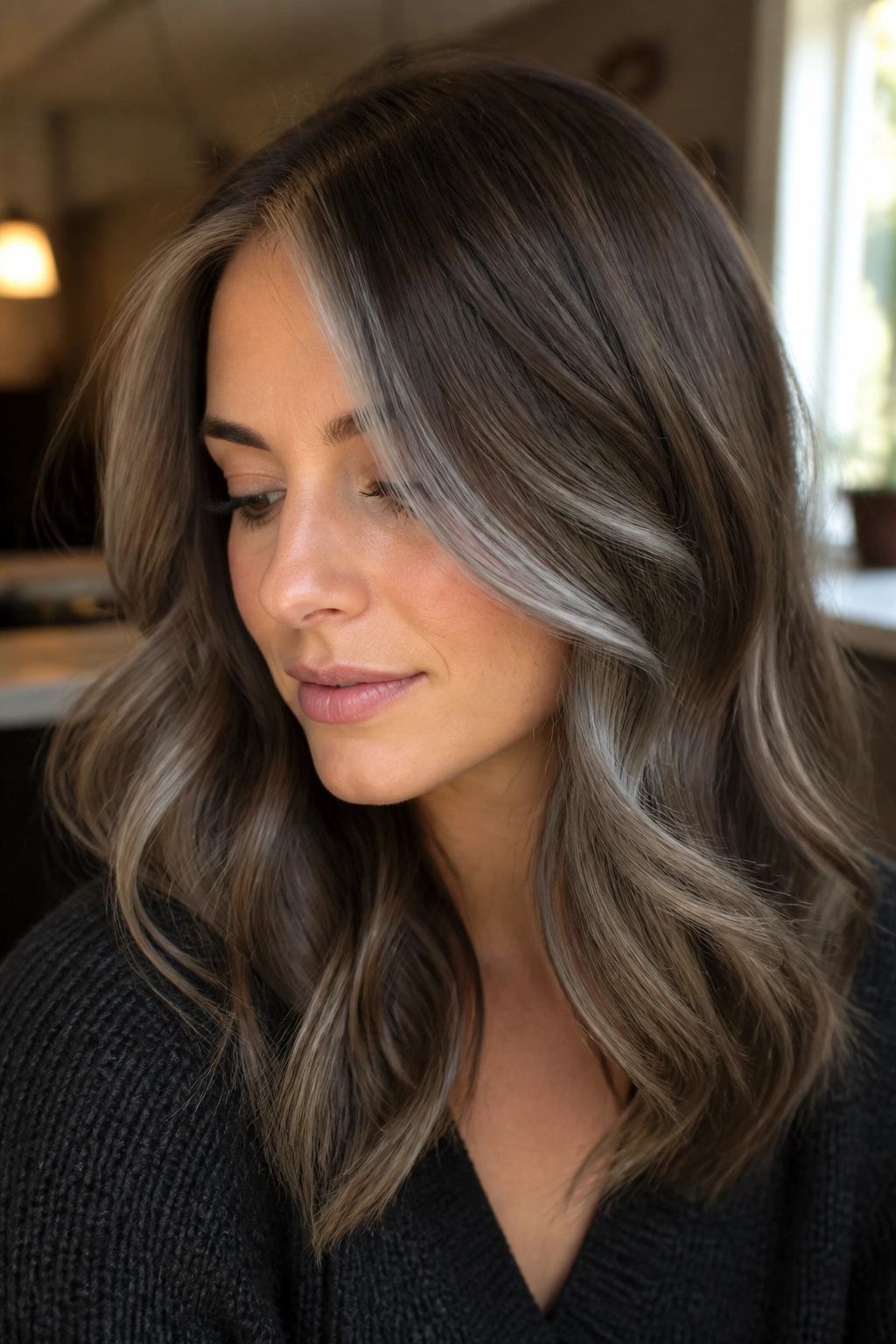 Close-up portrait of a real person with mushroom brown hair and grey ribbons