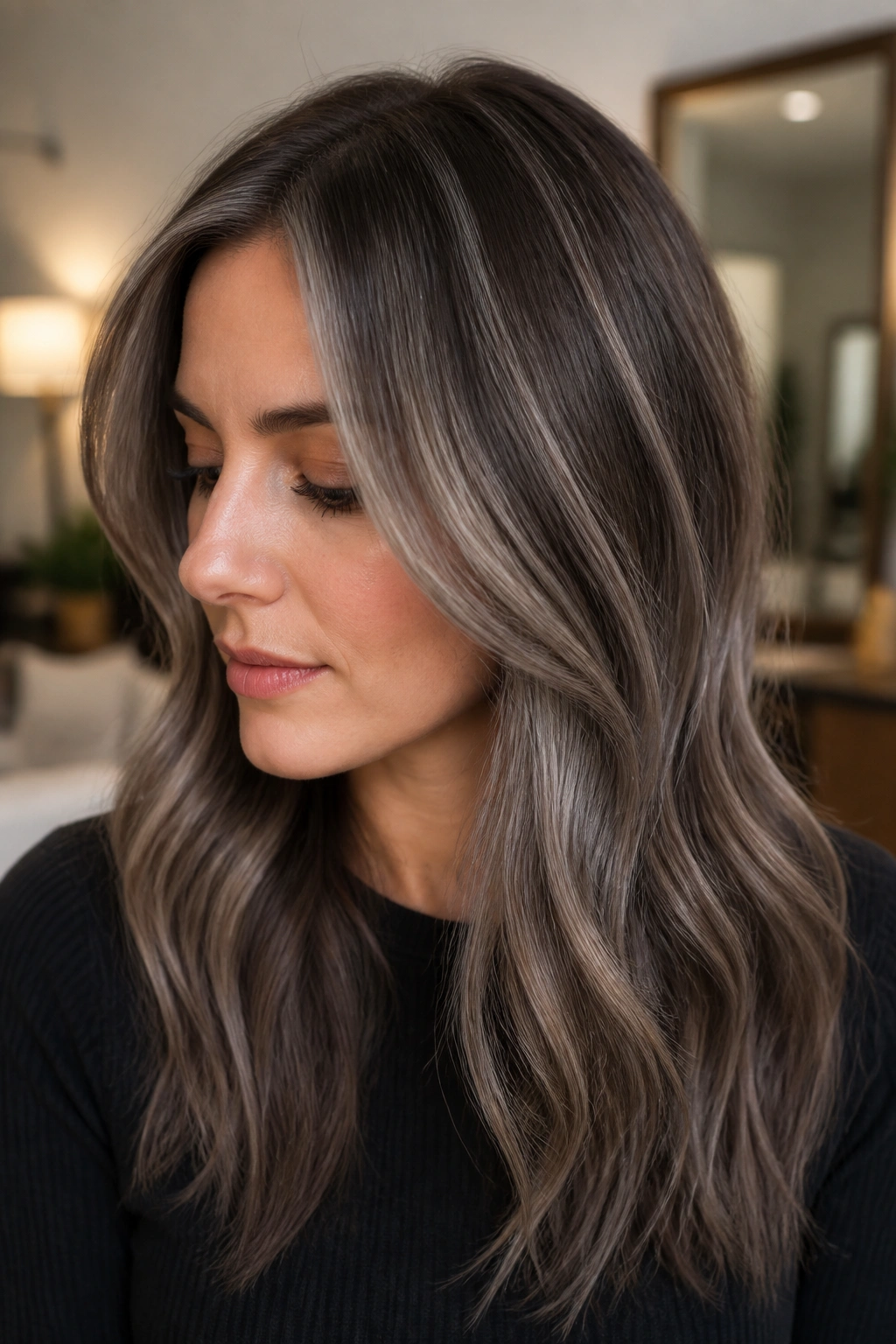 Portrait of a woman with mushroom brown balayage and grey ribbons in crown area