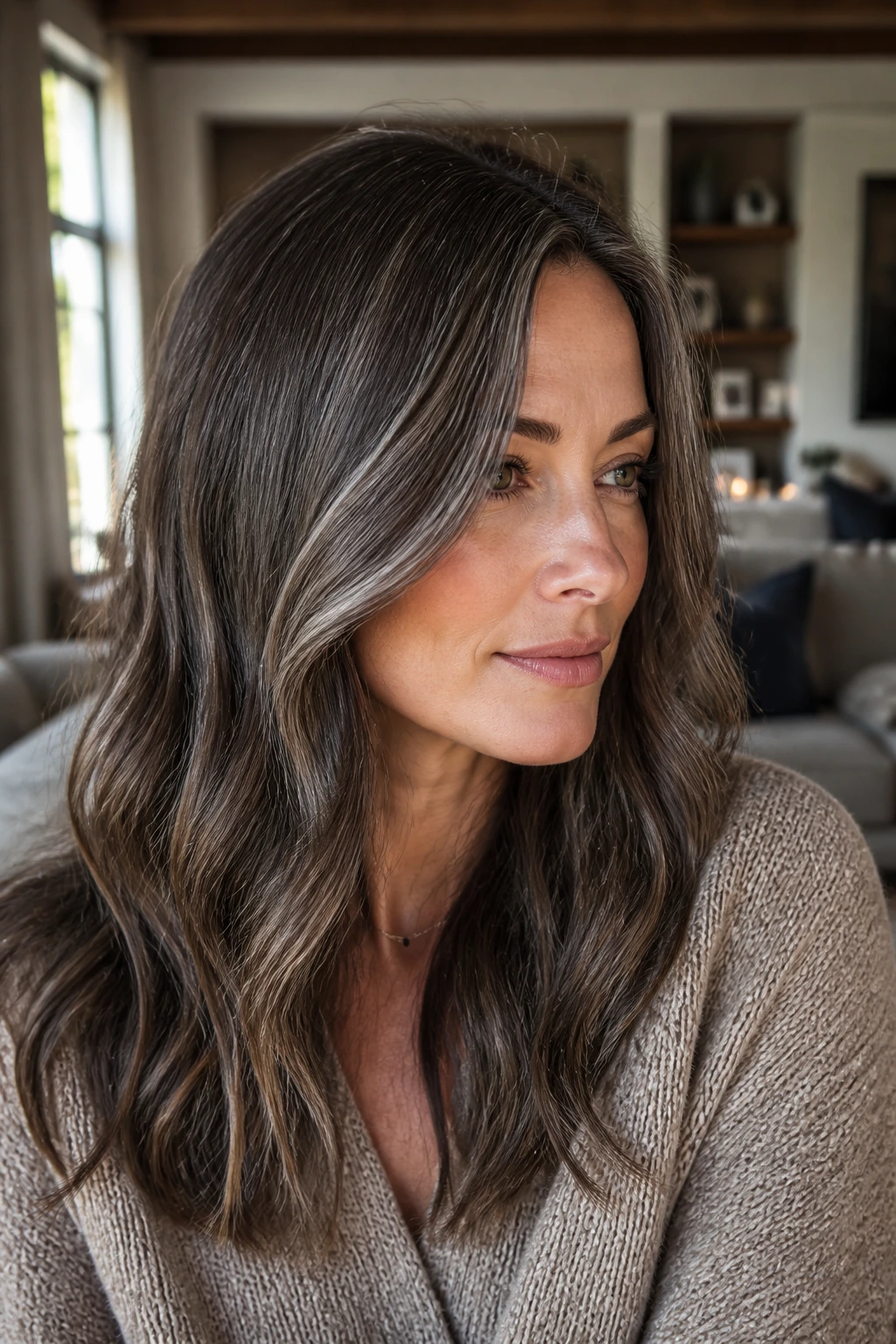 Close-up of a real woman with mushroom brown hair and grey threads