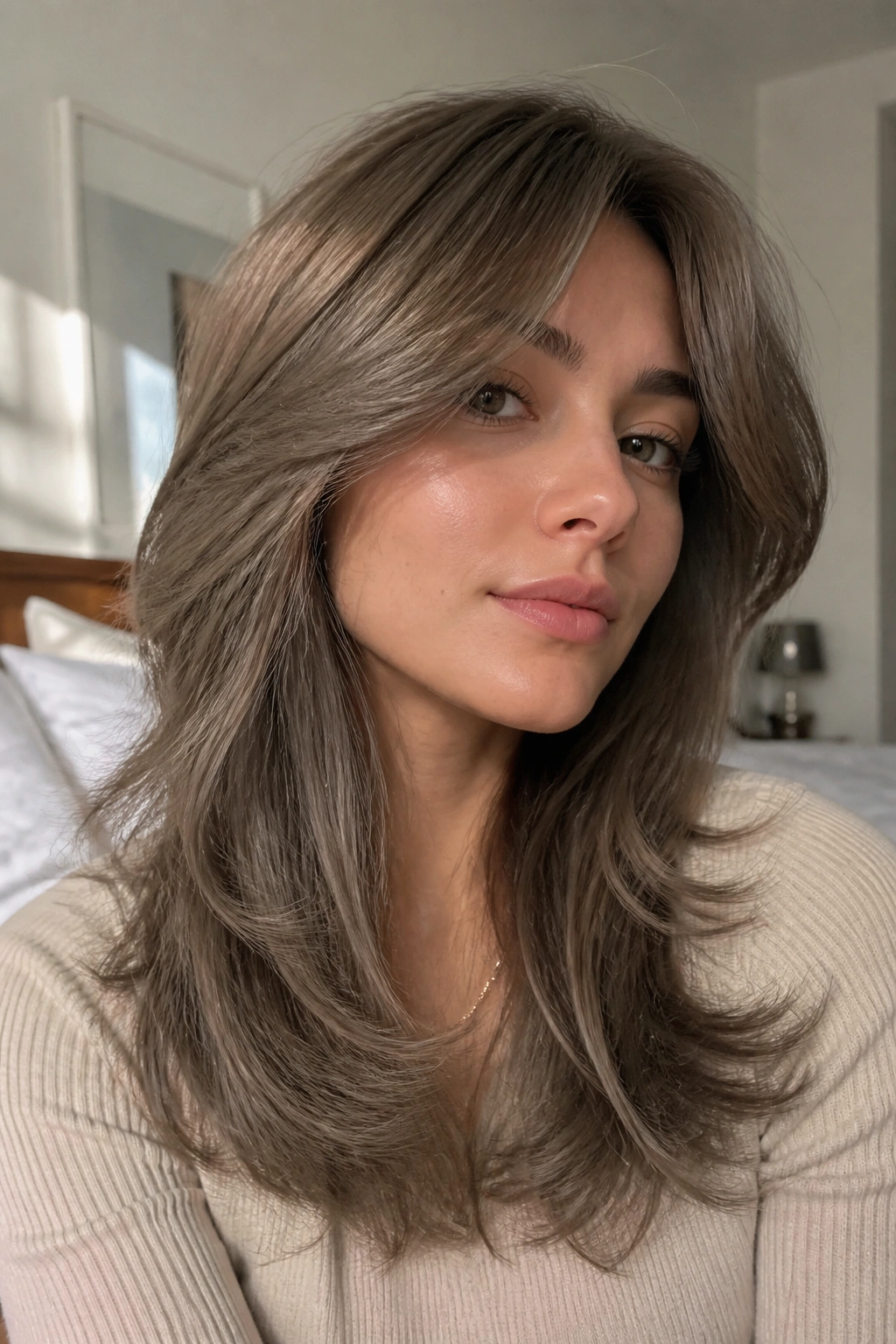 Close-up portrait of a real woman with mushroom brown hair and airy ends in natural window light.