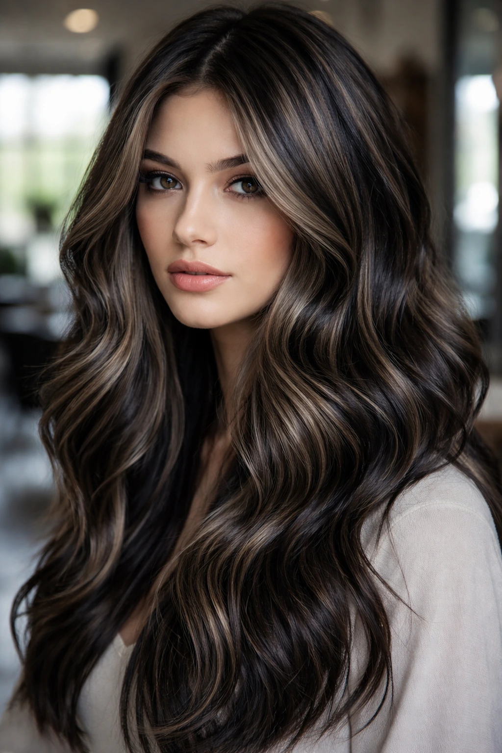 Close-up of a real woman with mushroom brown hair and black ribbons for a cool gothic brunette look