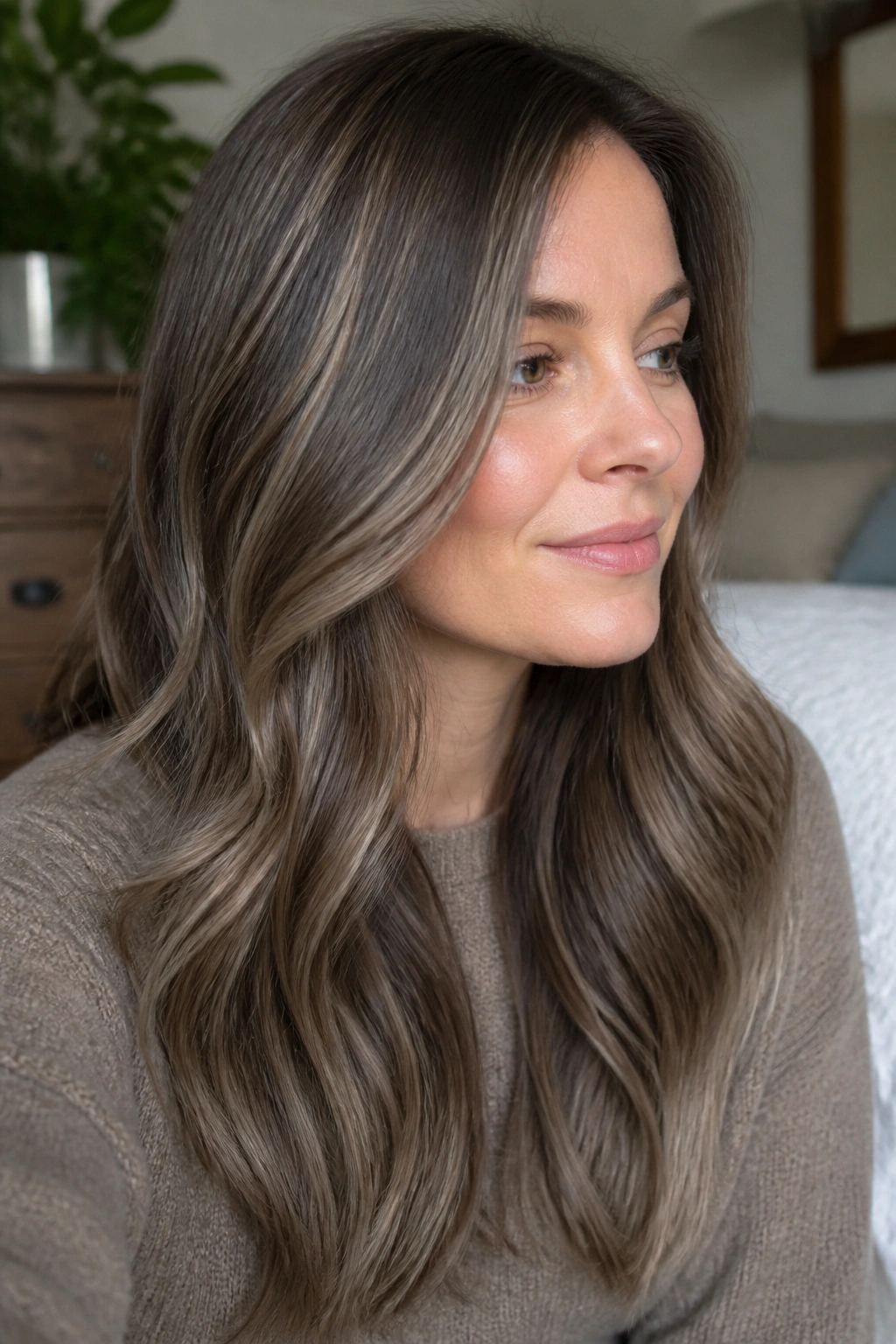 Close-up of mushroom brown hair on a real person with ash-beige tones