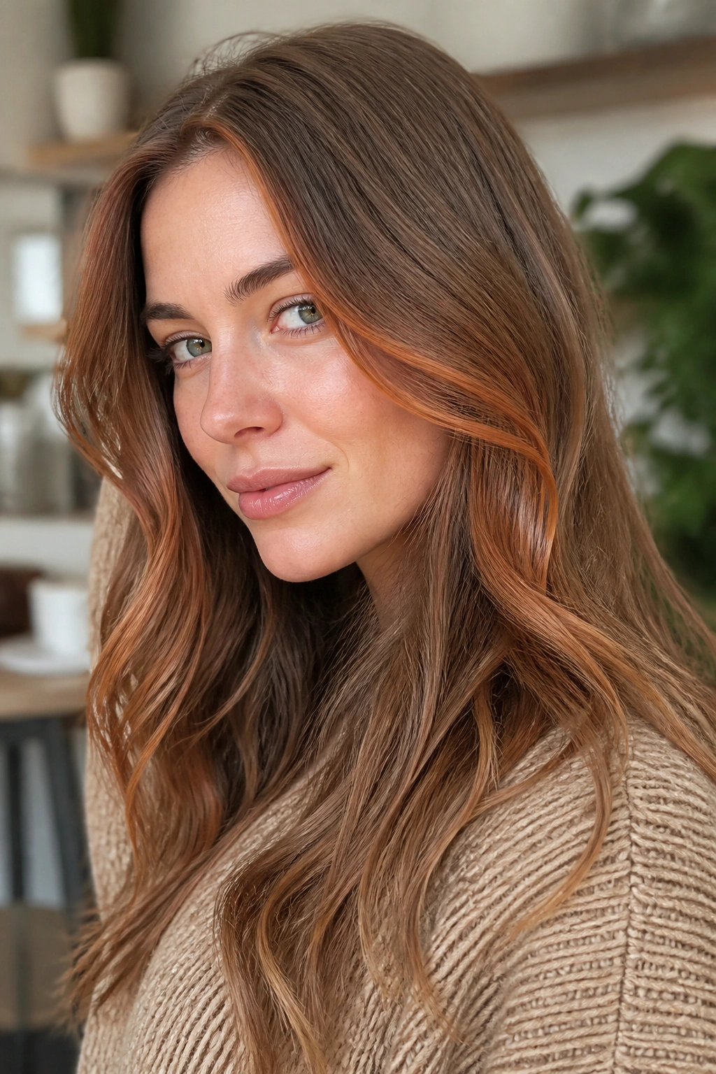 Close-up portrait of a real woman with Mushroom Brown With Ginger Ribbons hair