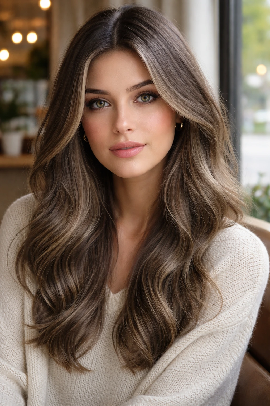 Close-up portrait of a real person with mushroom brown greige hair.