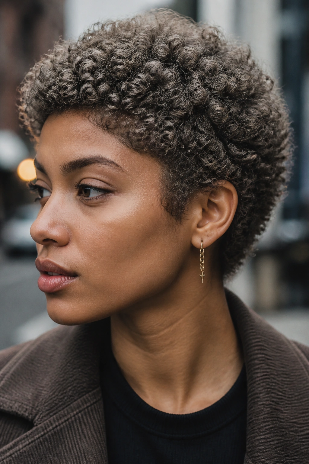 Close-up portrait of a person with mushroom brown hair in an urban setting