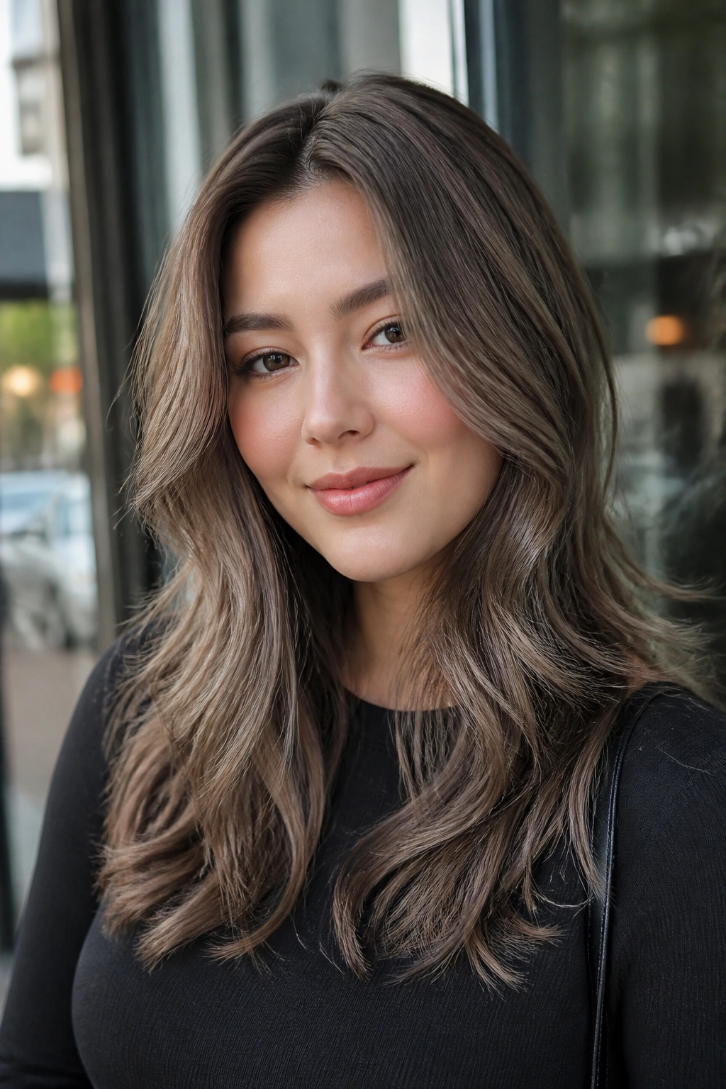 Portrait of a woman with mushroom brown hair forming a cooler frame around the face