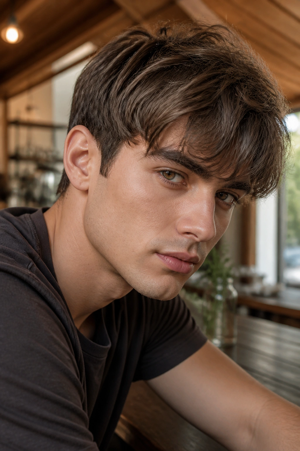 Portrait of a man with mushroom brown hair in a cafe setting