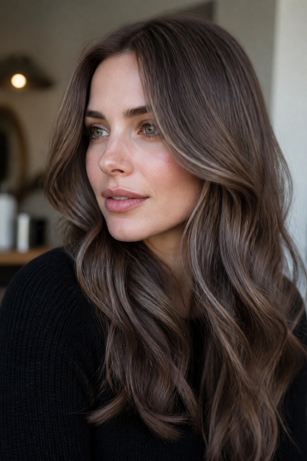 Portrait of a person with mushroom brown hair in neutral interior light