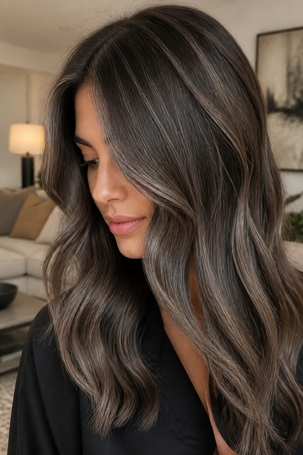 Close-up portrait of mushroom brown hair with silver whisper lights for a polished look.