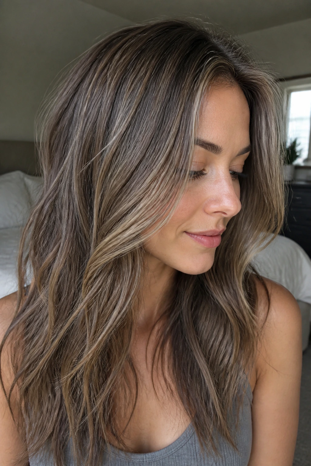 Close-up portrait of mushroom brown hair with thin blonde threads on a real person