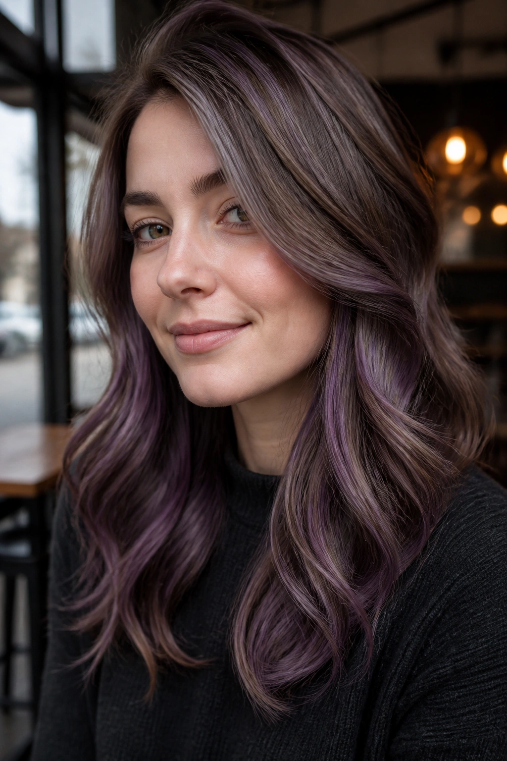 Close-up portrait of a woman with mushroom brown hair and violet lowlights in soft daylight