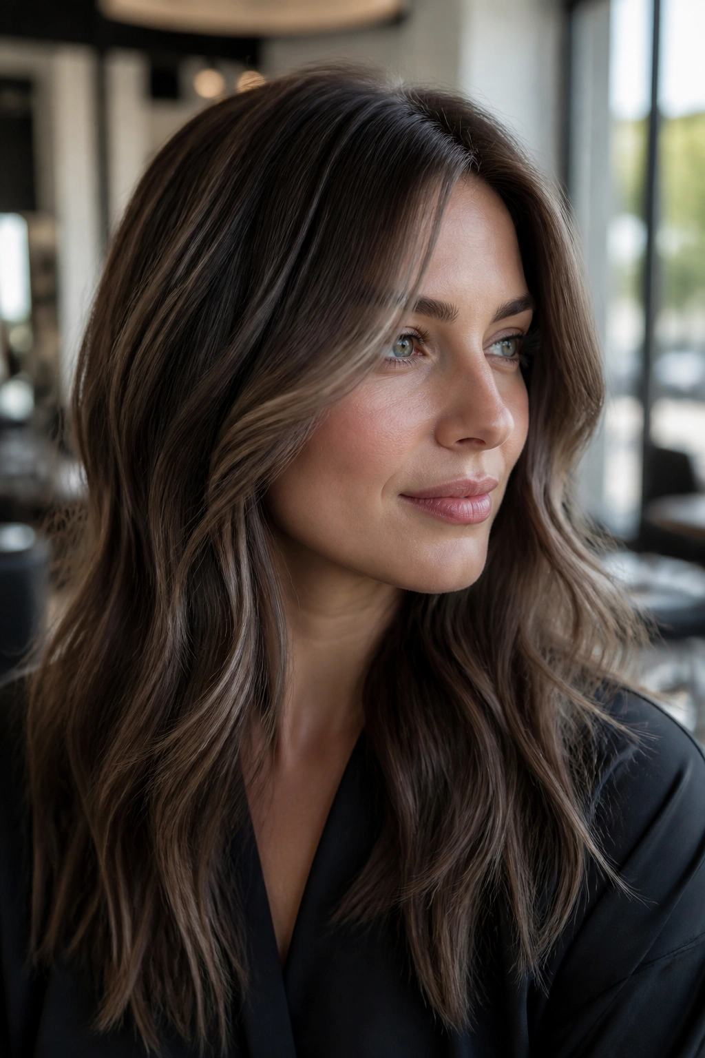 Close-up portrait of a woman with mushroom brown highlights on cool-toned skin
