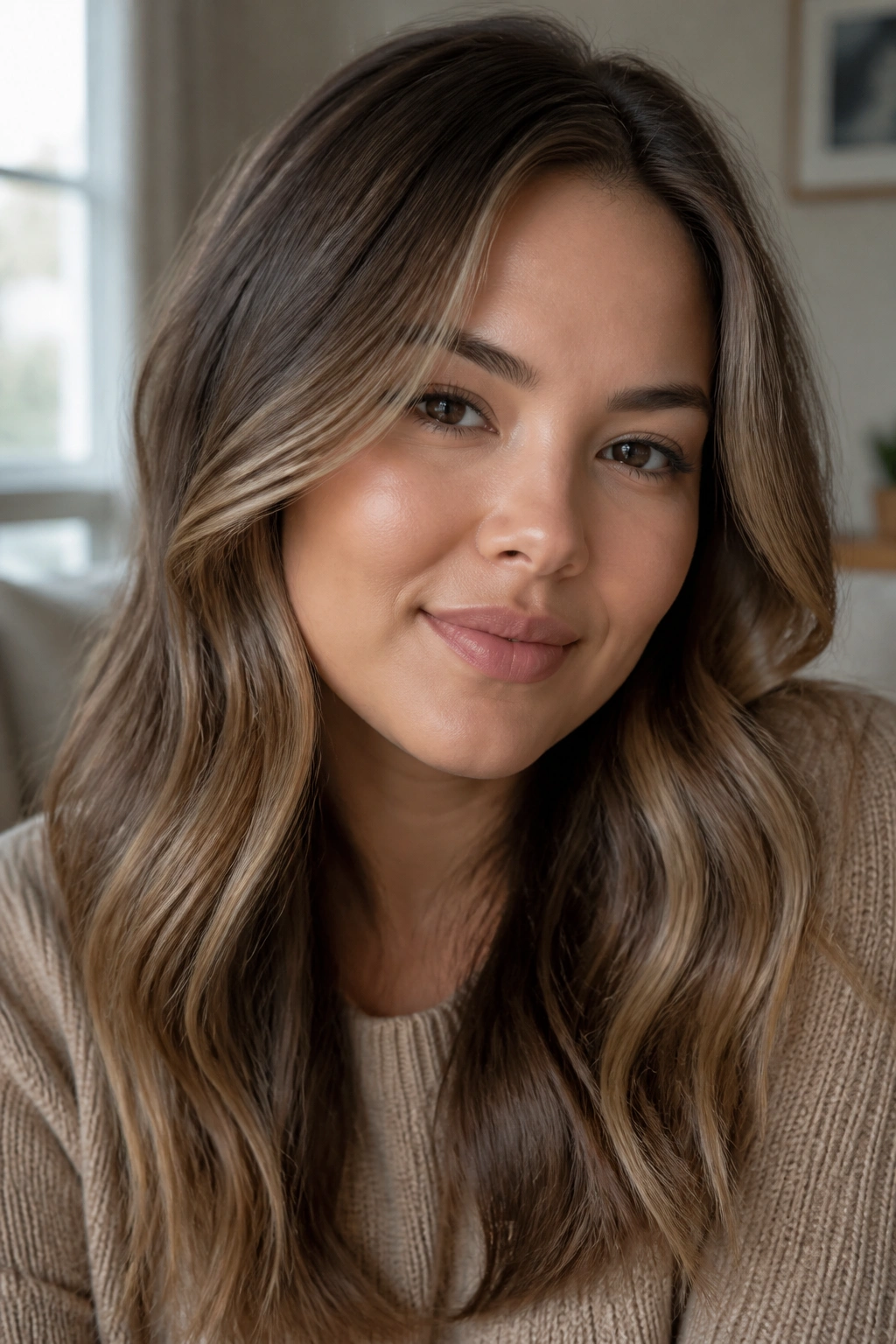 Close-up of a real woman with mushroom brown hair and warm honey mist