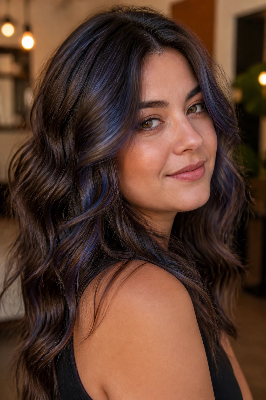 Close-up of mushroom brown hair with indigo micro-highlights
