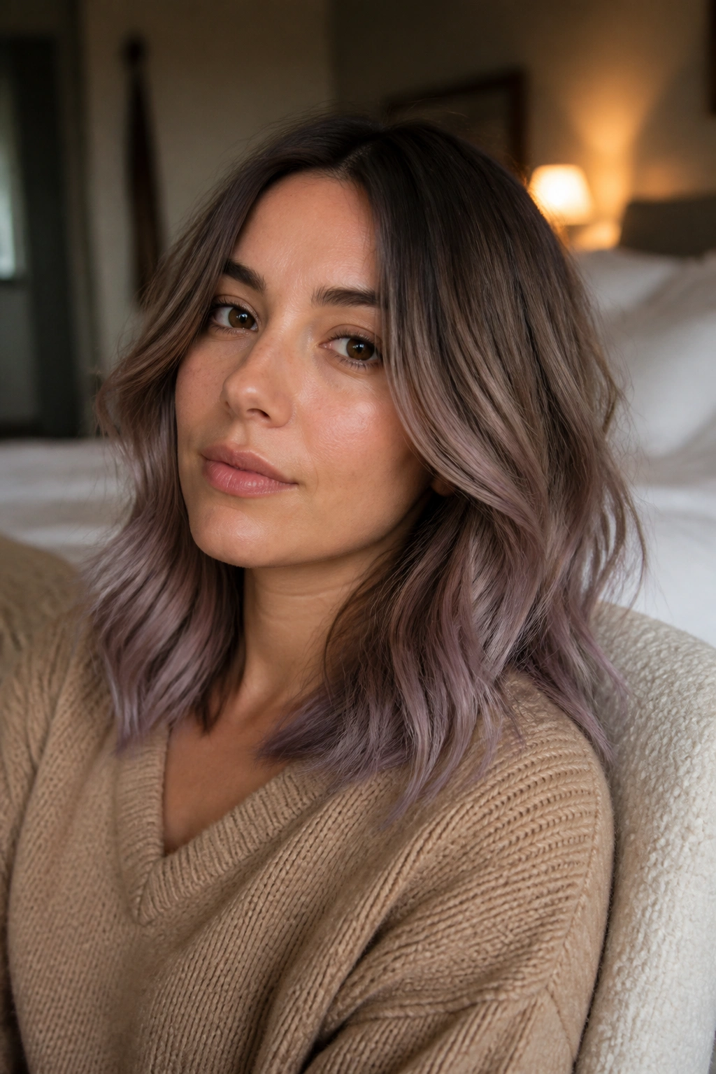 Close-up of a woman with mushroom brown transitioning to dusty lavender ends