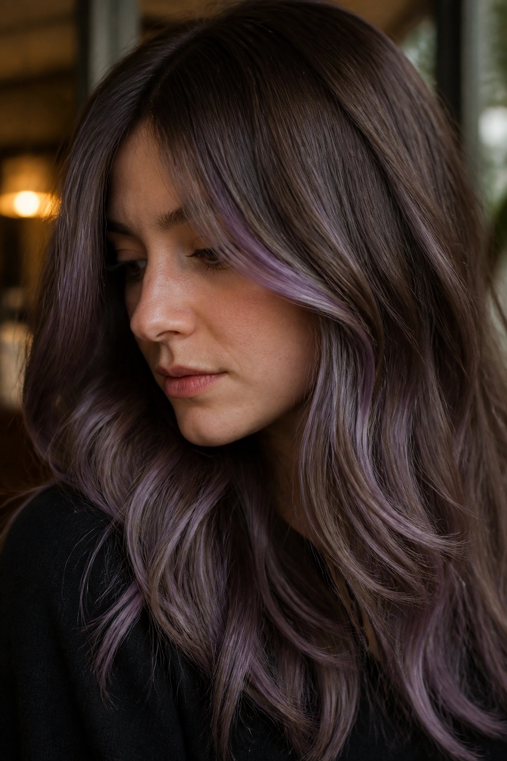 Mushroom brown hair with soft lavender veils, soft and moody
