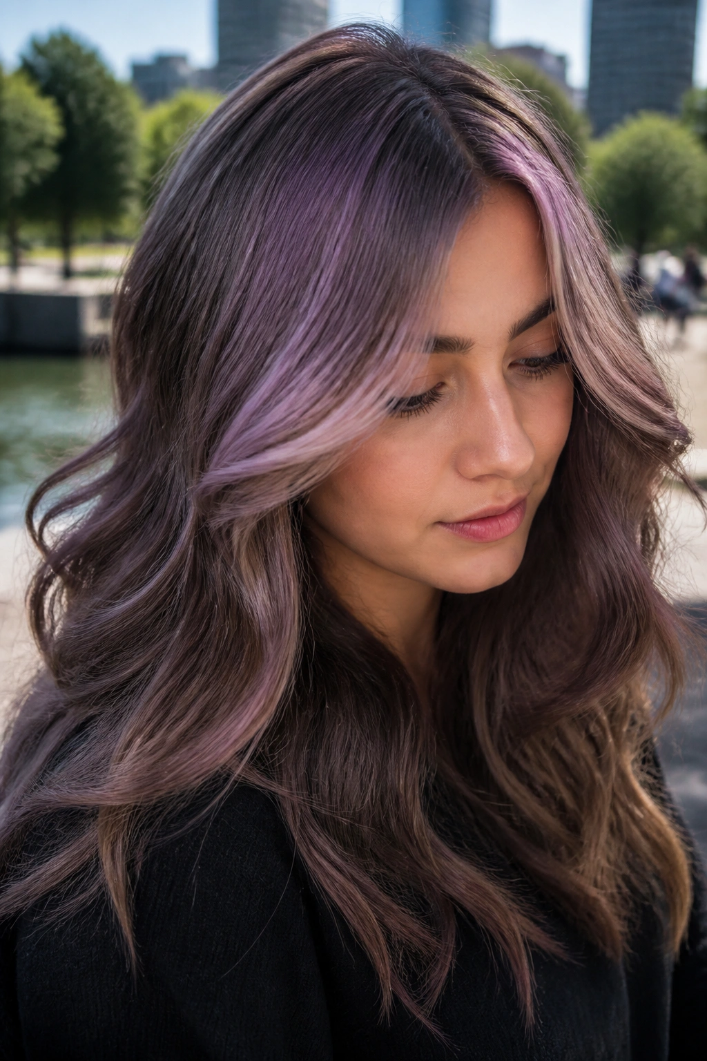 Close-up portrait of a real woman with mushroom brown hair and a lilac veil across the crown