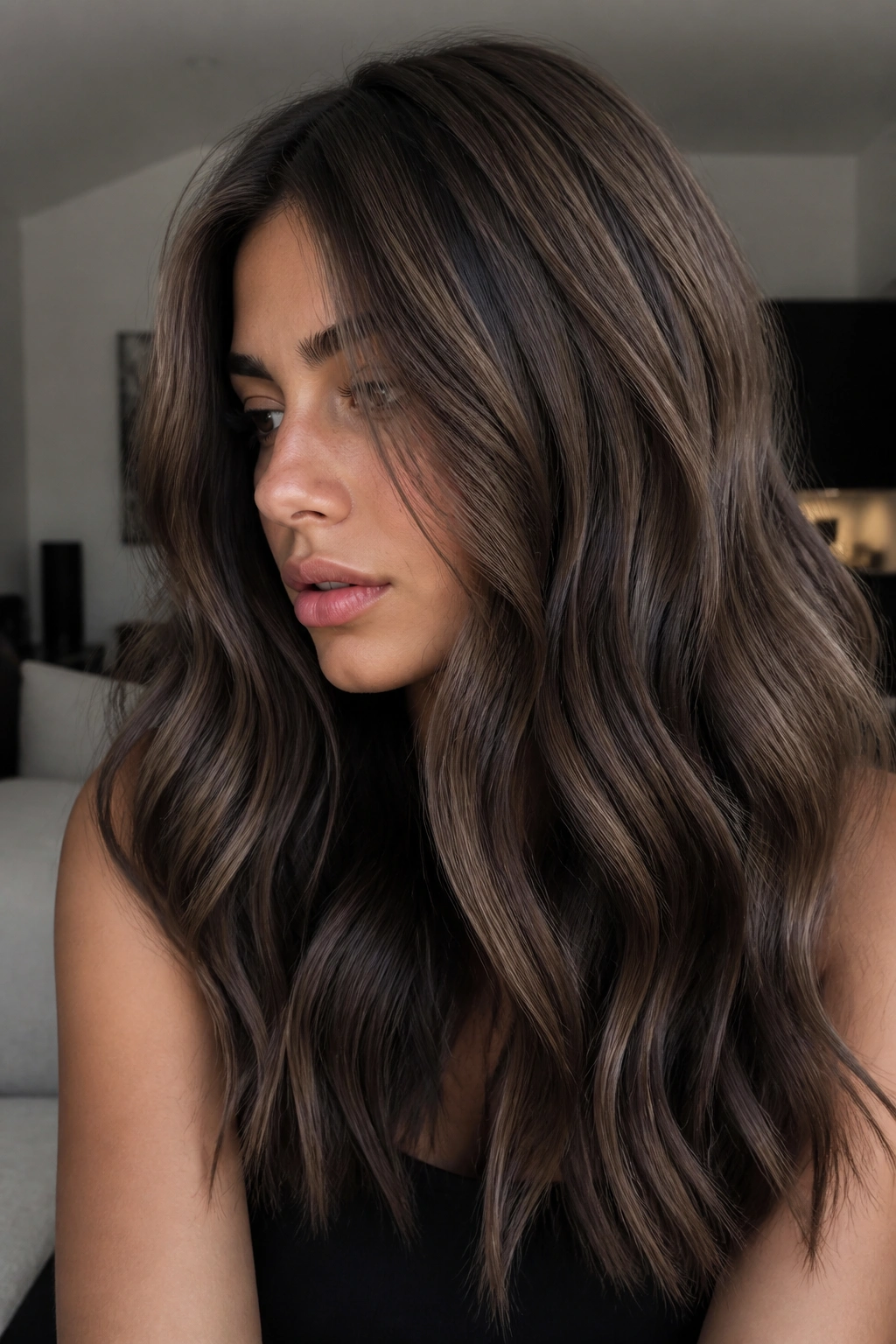 Close-up of mushroom brown hair with subtle black lowlights on a real woman.
