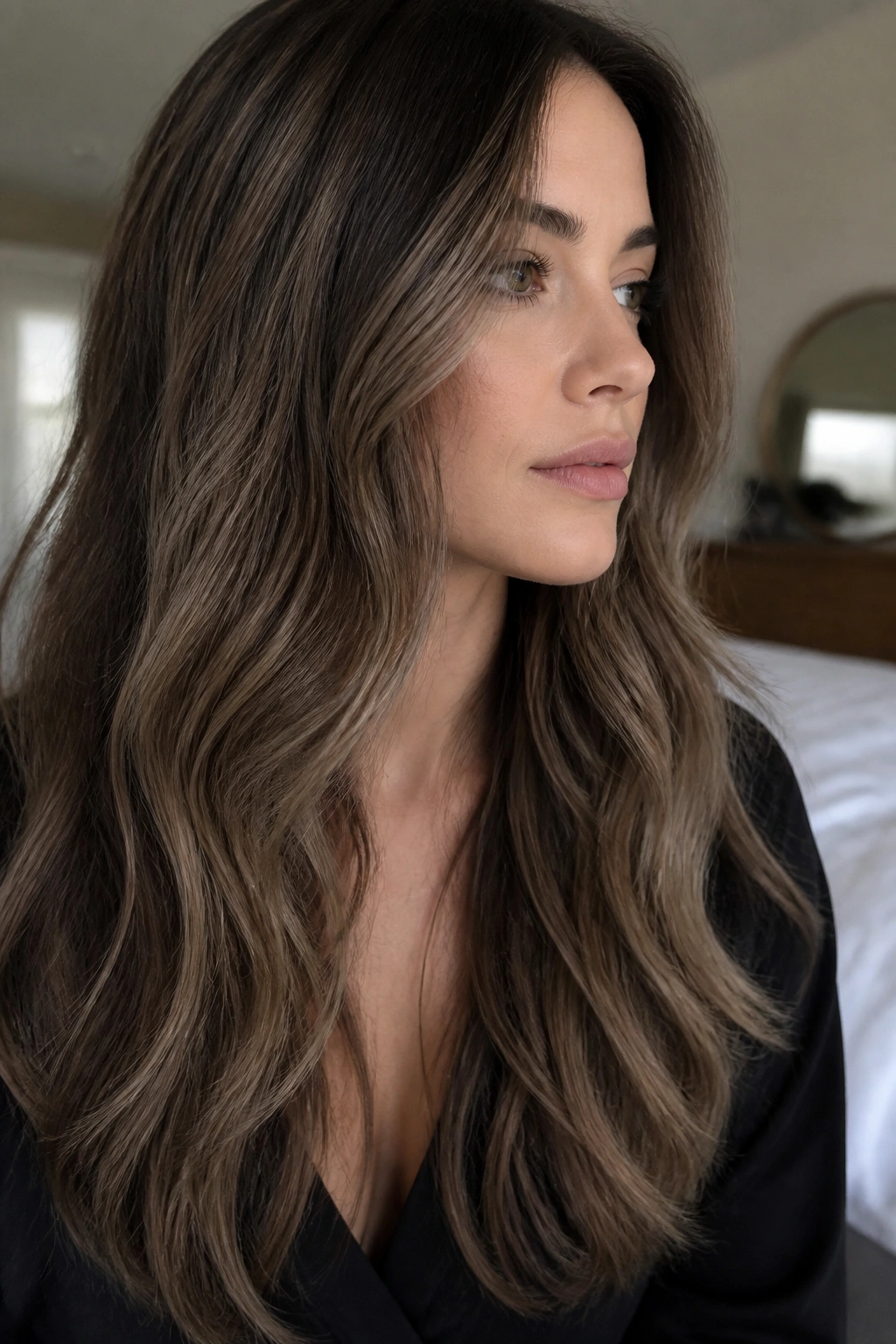 Close-up of ash brunette with mushroom brown lowlights in natural daylight.