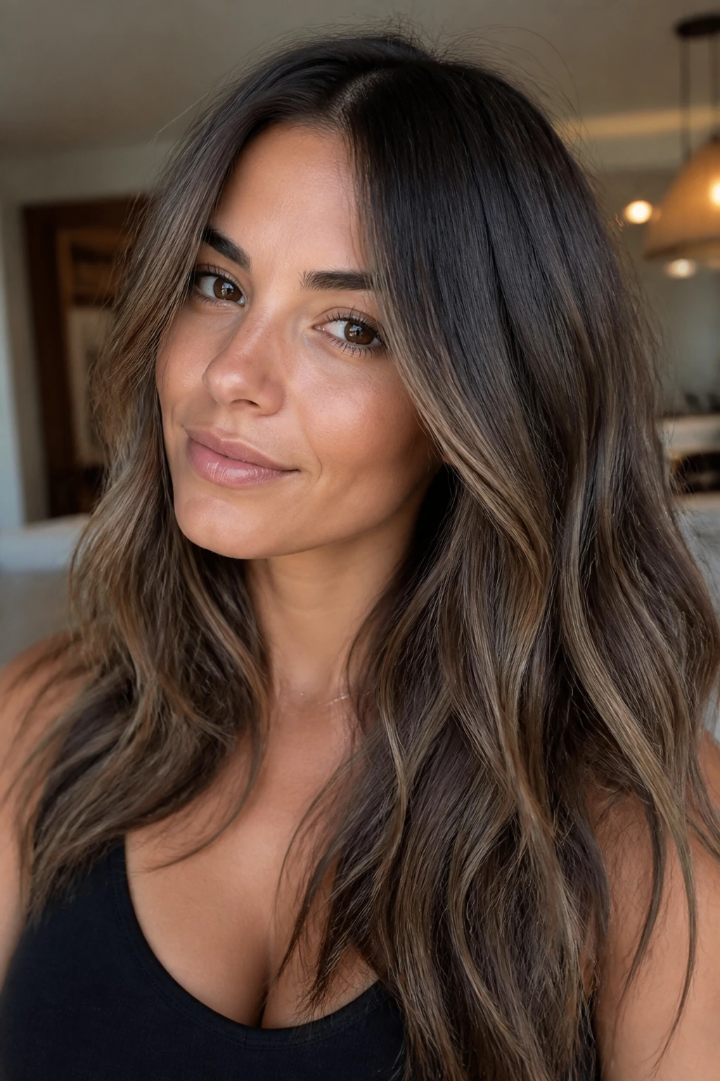 Close-up portrait of brunette with mushroom brown lowlights creating smoky, cool contrast