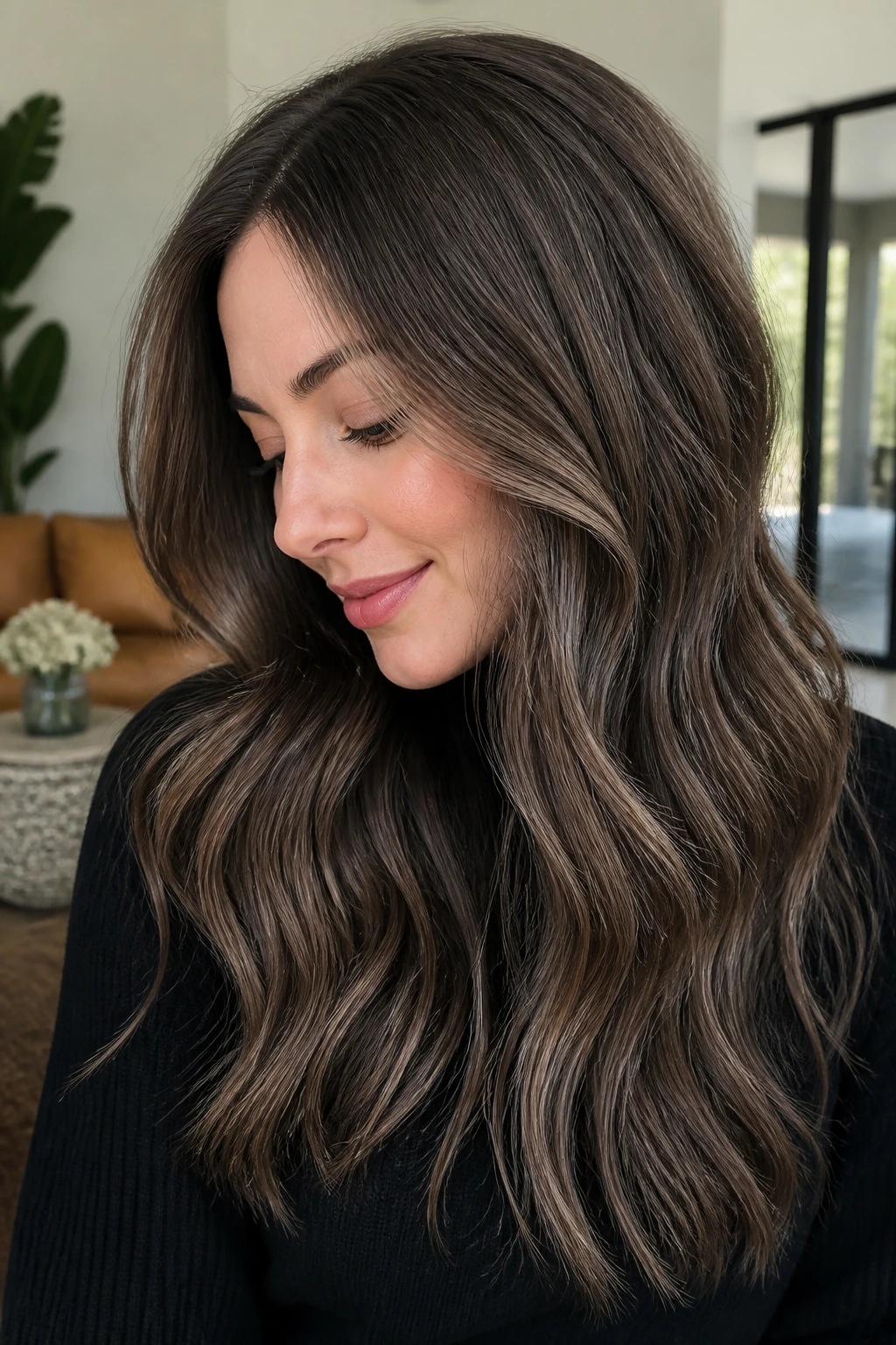 Brunette with mushroom brown lowlights in cool lighting