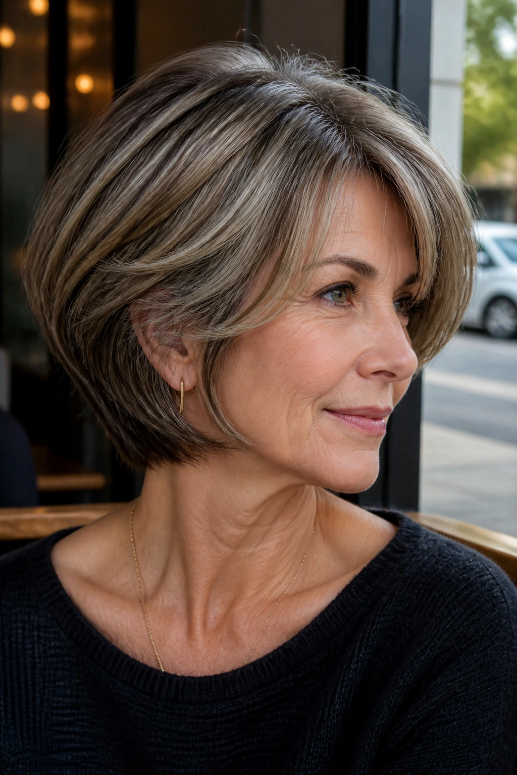 Close-up of a woman with mushroom brown lowlights adding depth for cooler tones