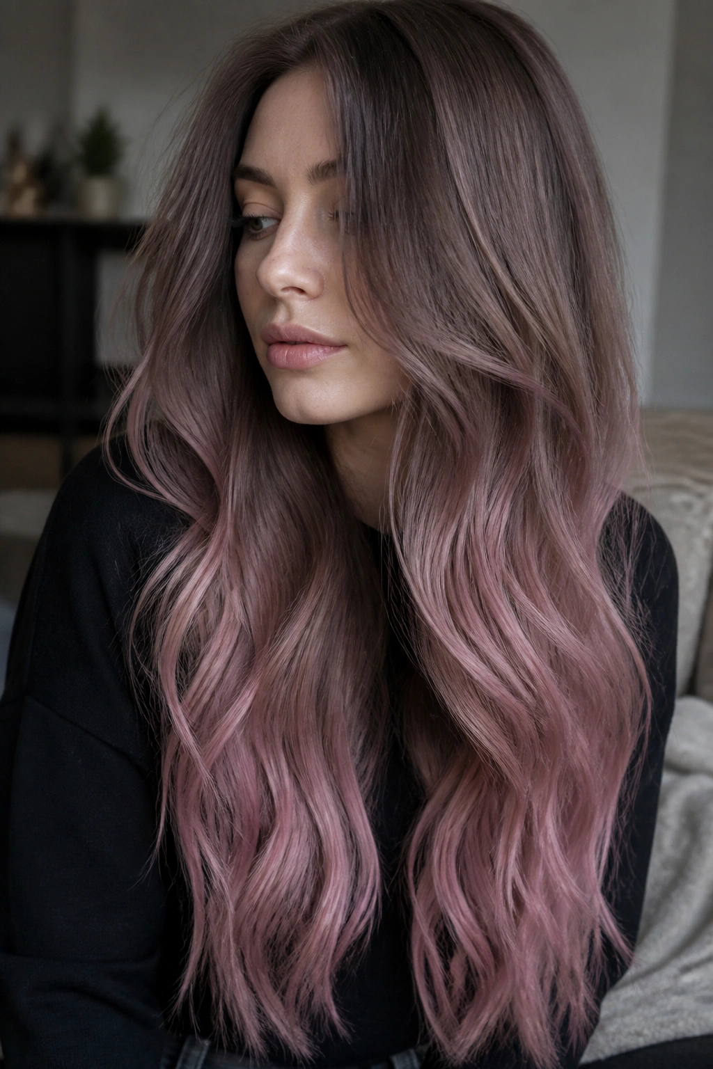 Portrait of a real person with mushroom brown to mauve pink long ombre hair.