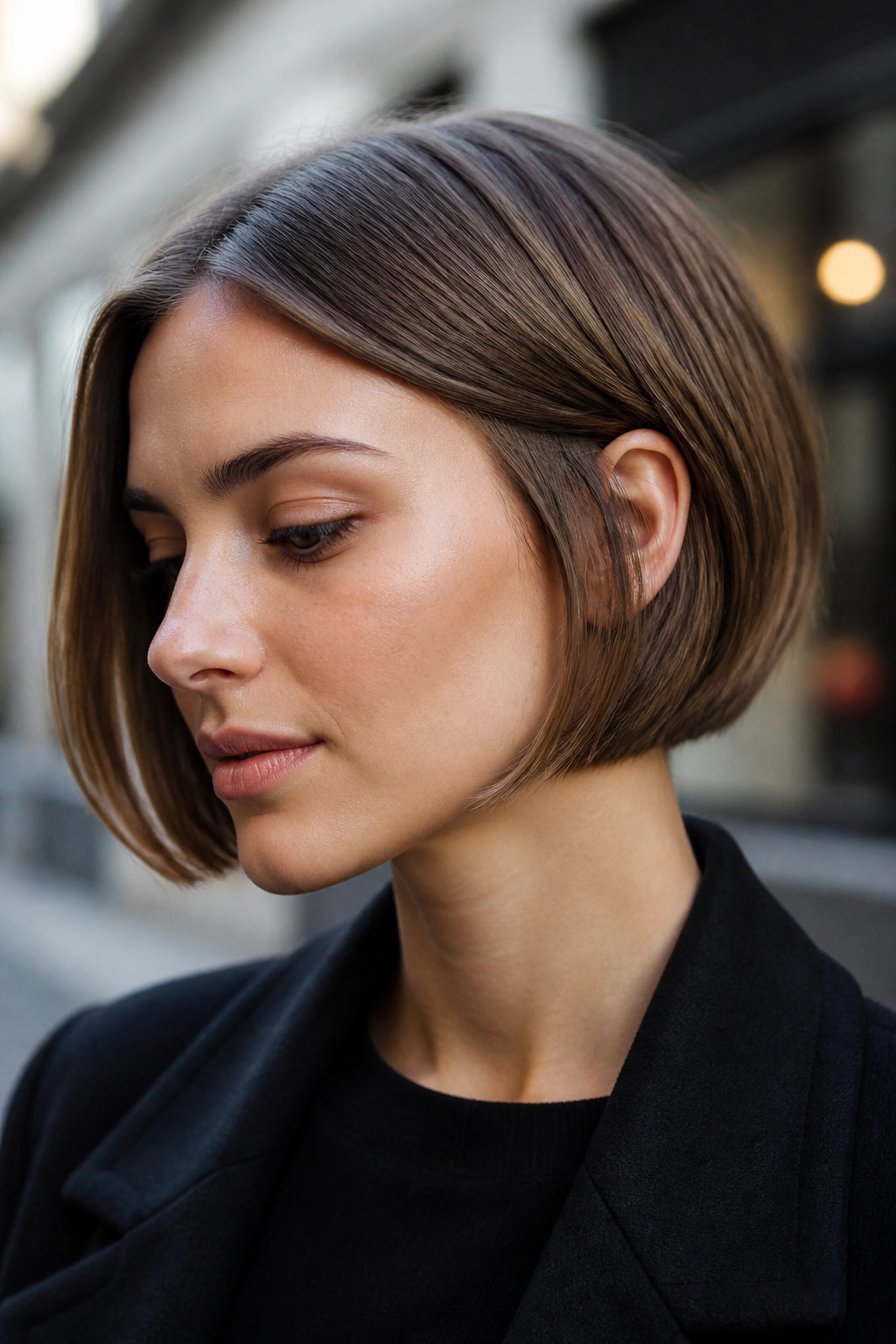 Close-up of a woman with mushroom brown micro bob