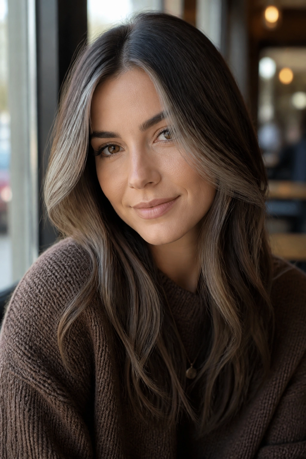 Close-up portrait of a real woman with mushroom brown money pieces framing her face