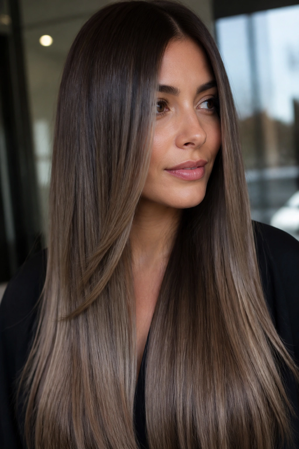 Close-up portrait of a woman with mushroom brown ombre and glossy finish