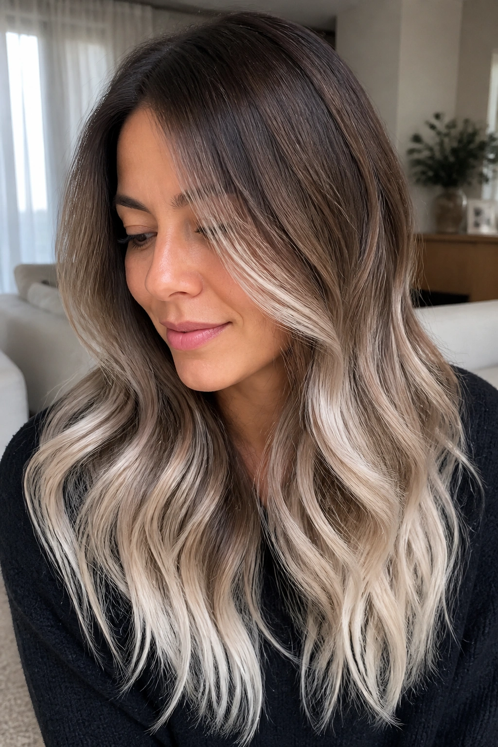 Close-up of a real woman's mushroom brown ombre hair with milky ends