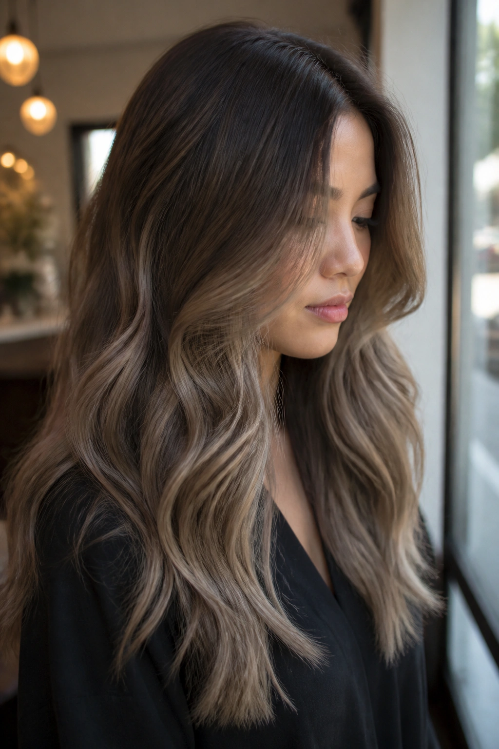 Close-up of a real woman with mushroom brown ombre and soft contrast.