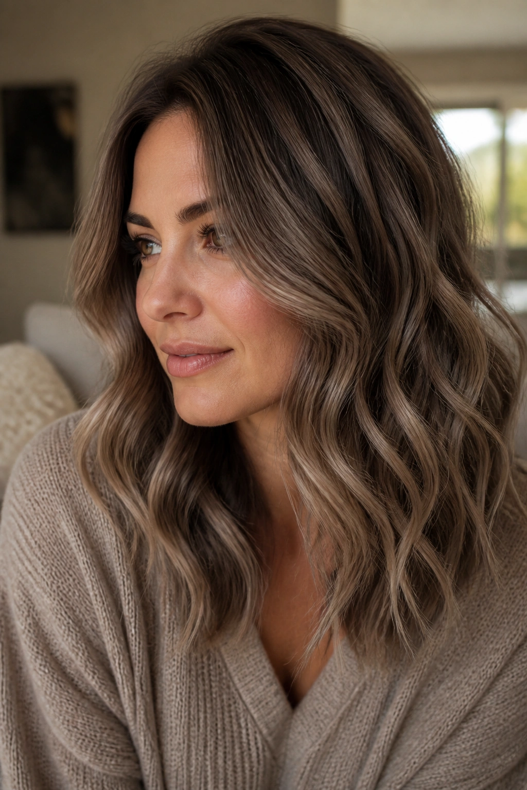 Close-up of real woman with mushroom brown ombre on wavy hair in a cozy living room