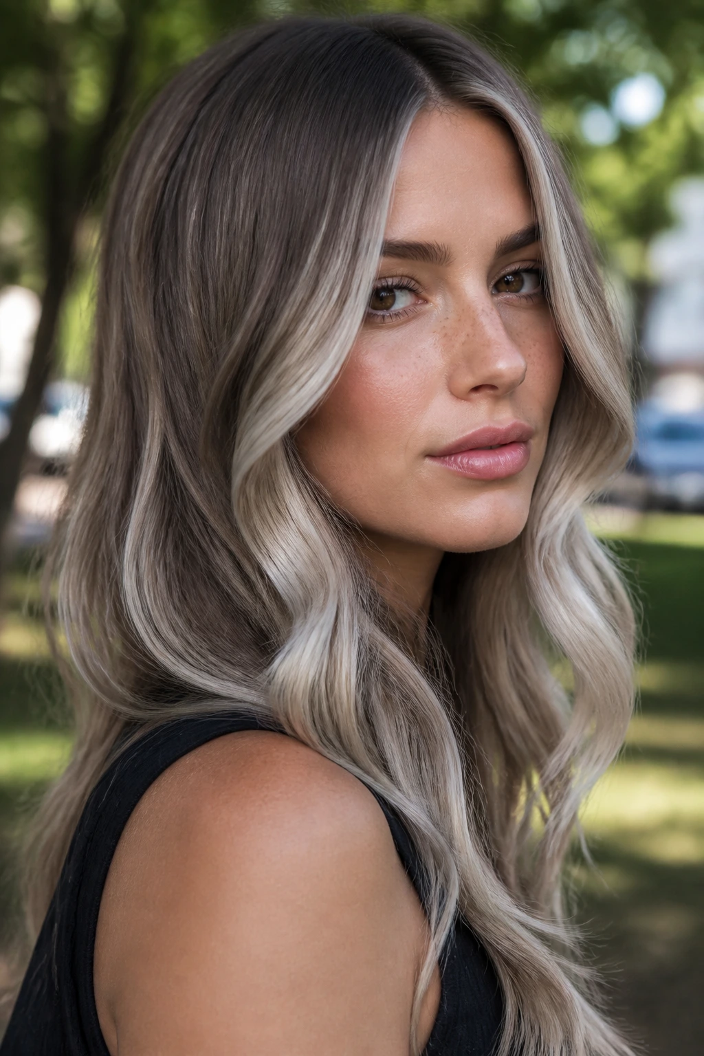 Close-up of mushroom brown hair with frosted panels.