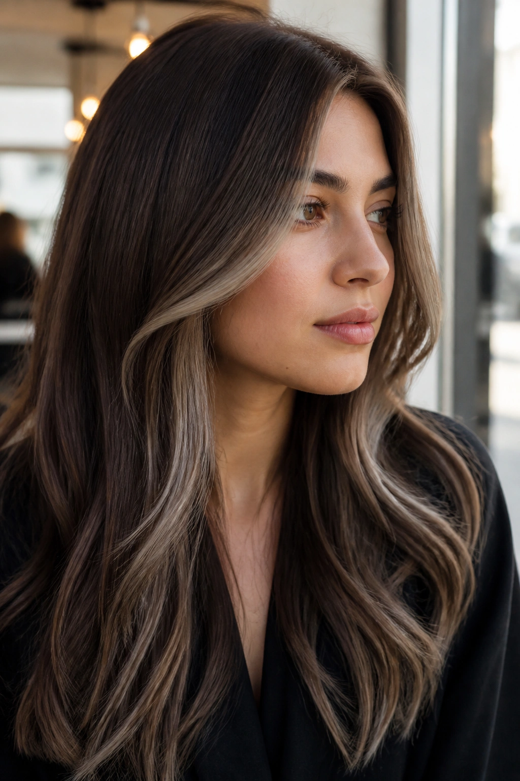 Close-up portrait of a real woman with face-framing mushroom brown panels starting below the cheekbone in warm salon light