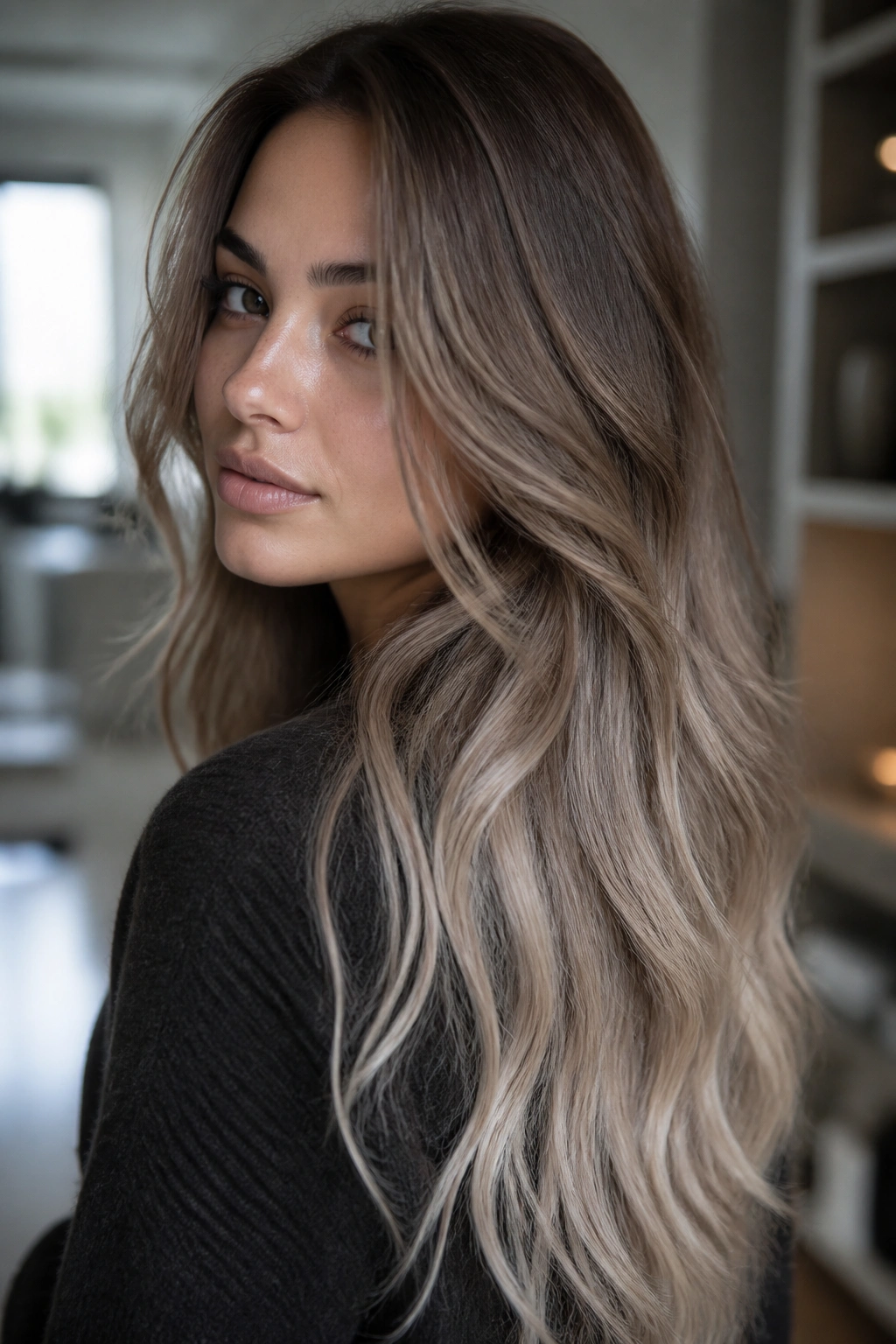 Close-up of a real woman with mushroom brown to pearl ombre on long hair