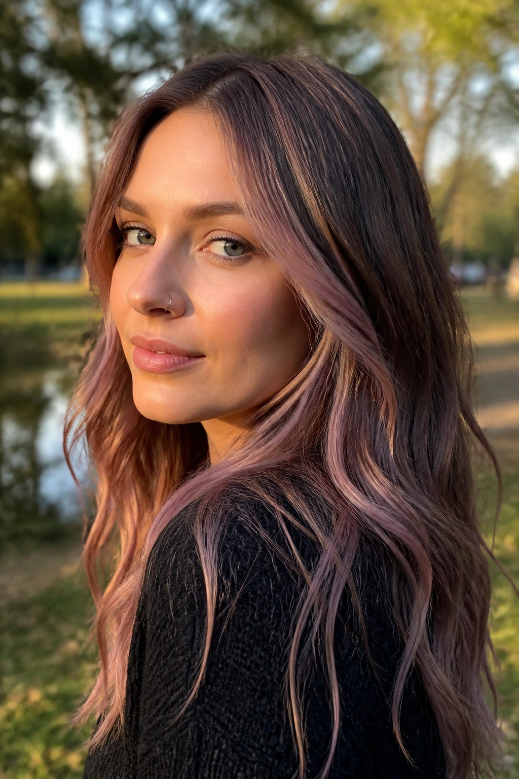 Mushroom brown hair with pink veil on cool skin in golden hour light.