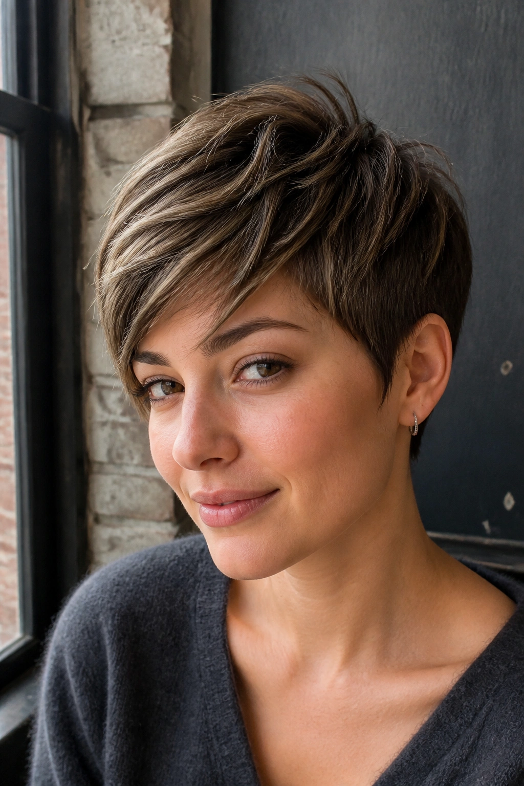 Close-up of mushroom brown pixie accents on a real person