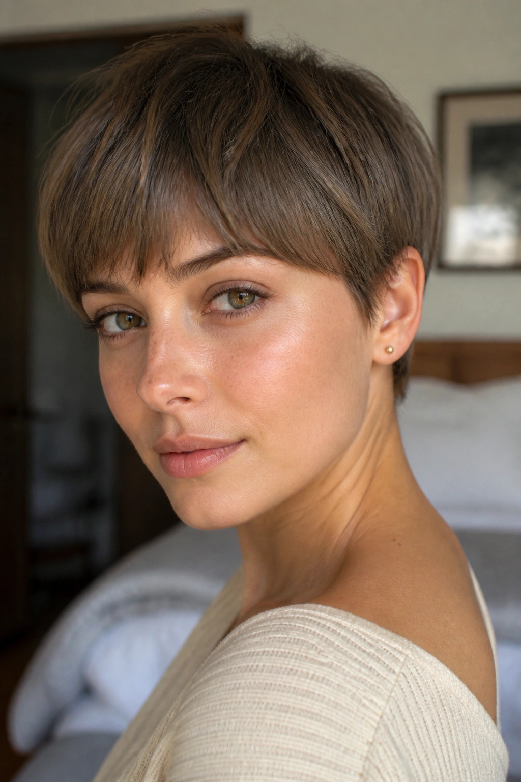 Close-up portrait of a real woman with a mushroom brown pixie crop by a window