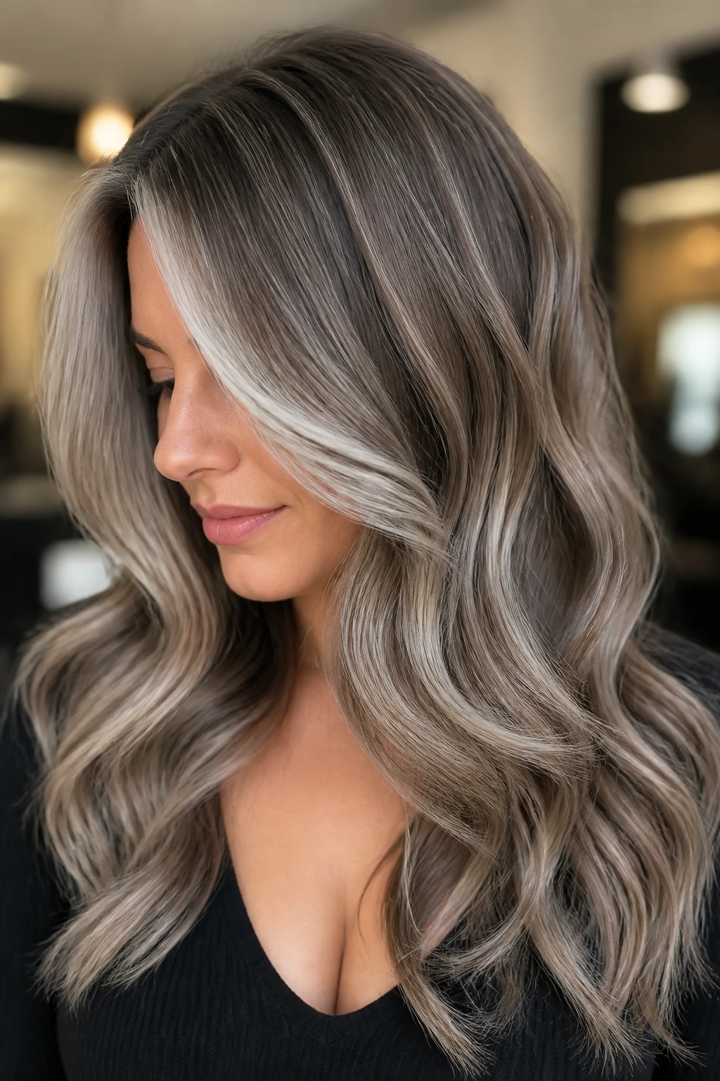 Close-up portrait of a real woman with mushroom brown base and platinum veils in a cool, natural-lit salon