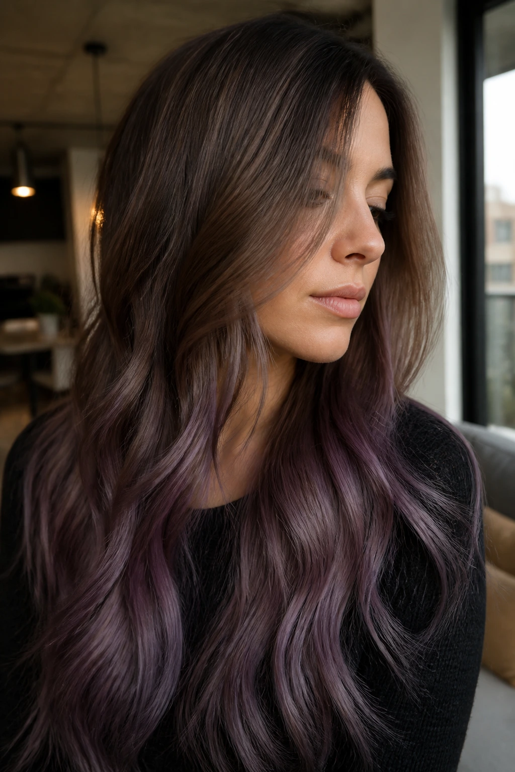 Portrait of a woman with mushroom brown to plum ash ombre hair.