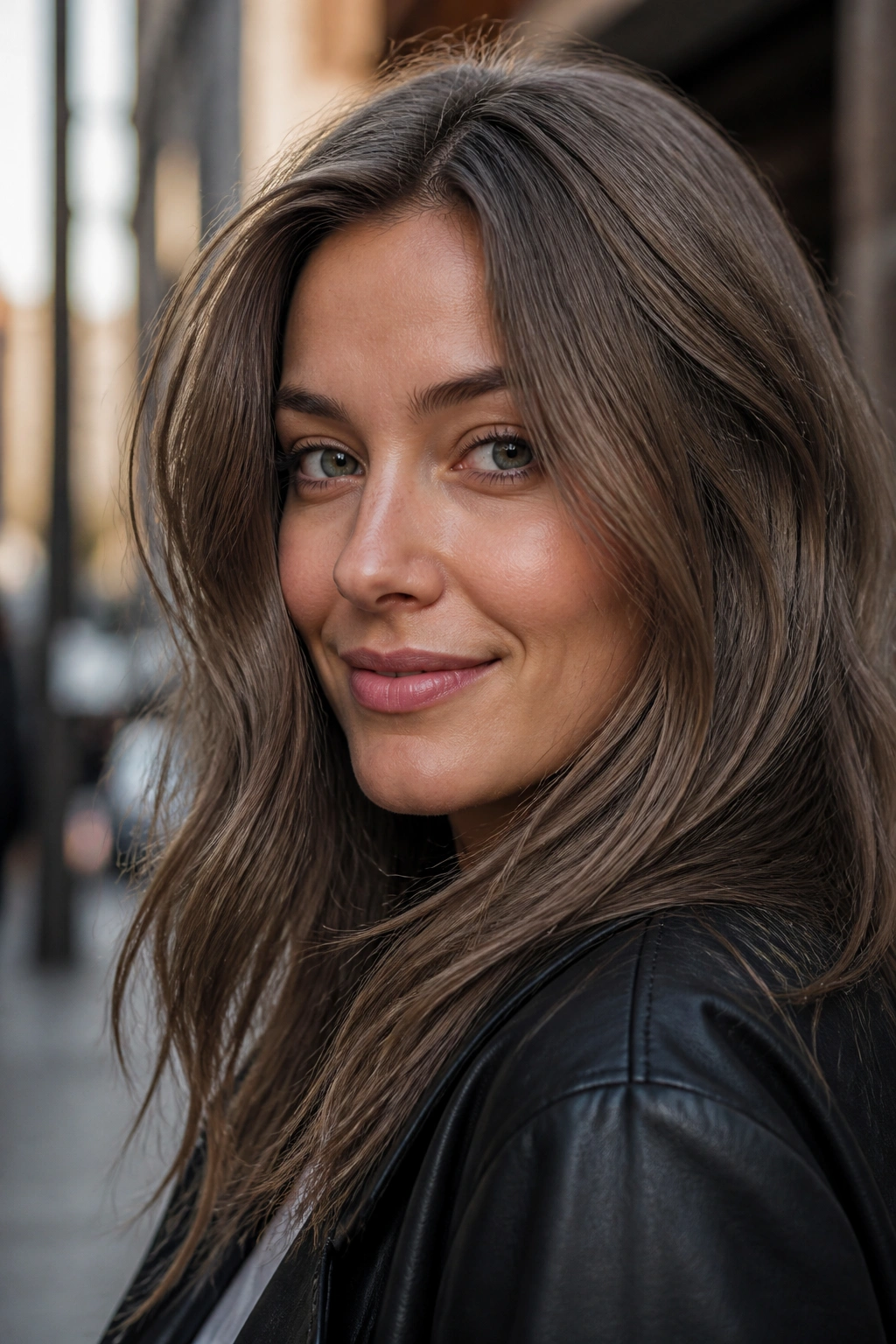 Close-up portrait of a real person with mushroom brown hair against a blurred city background