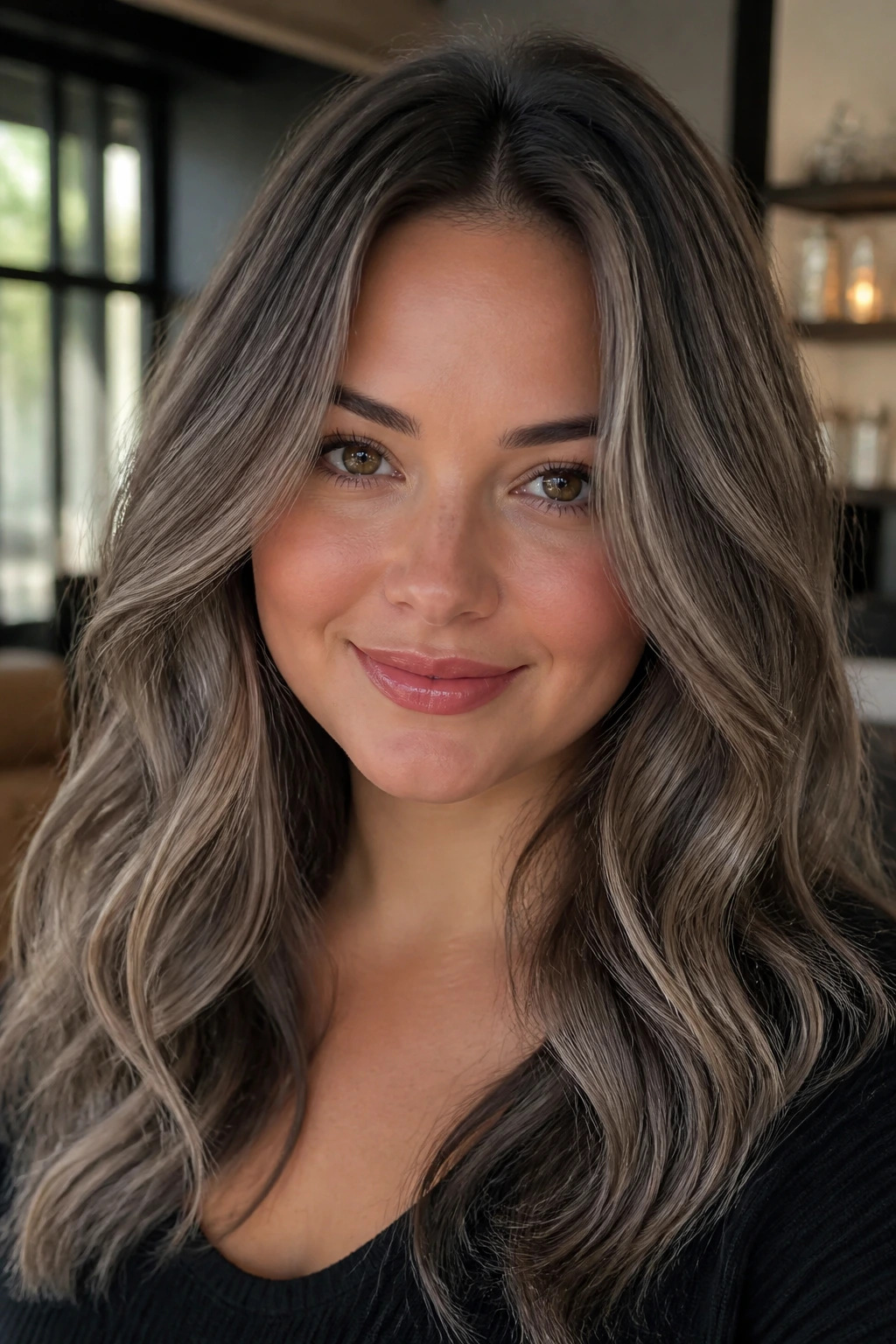 Close-up of hair with mushroom brown ribbons and soft waves