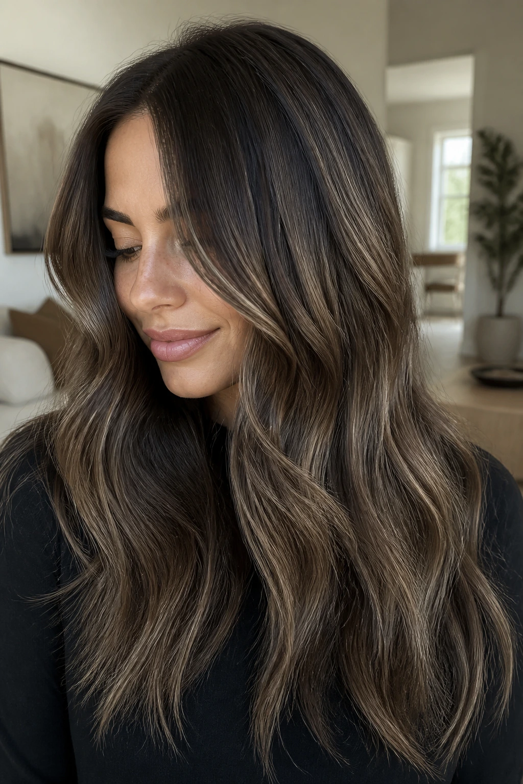 Close-up of mushroom brown ribbons in cool ash tones on brunette hair