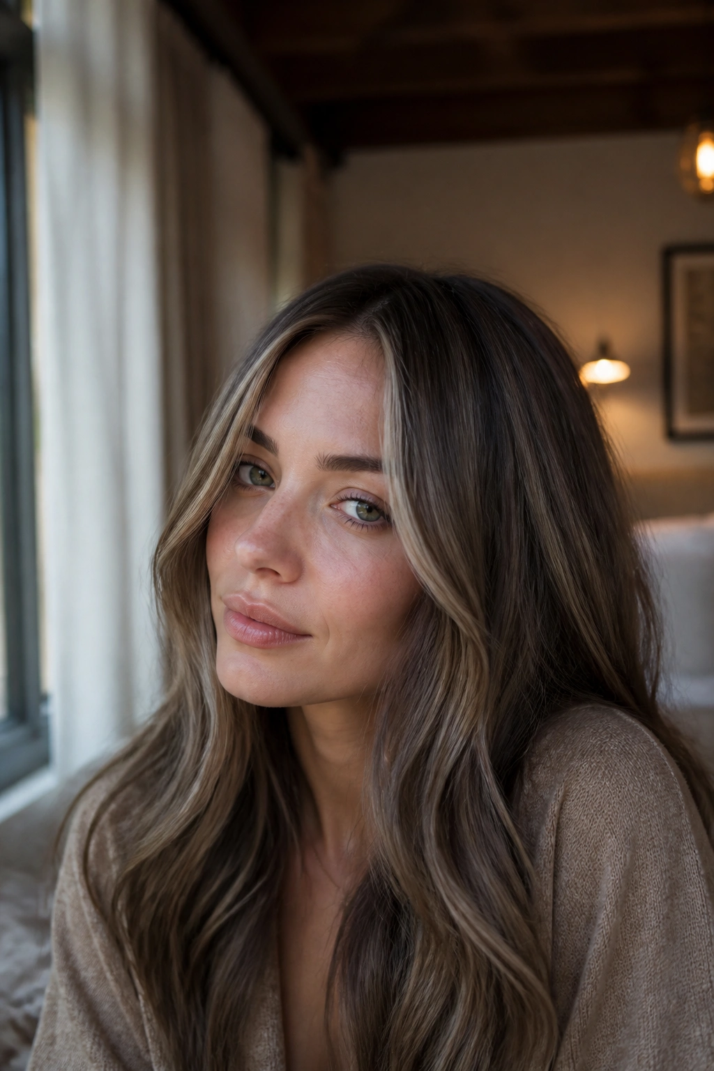 Close-up of mushroom brown hair with icy beige ribbons on a real person